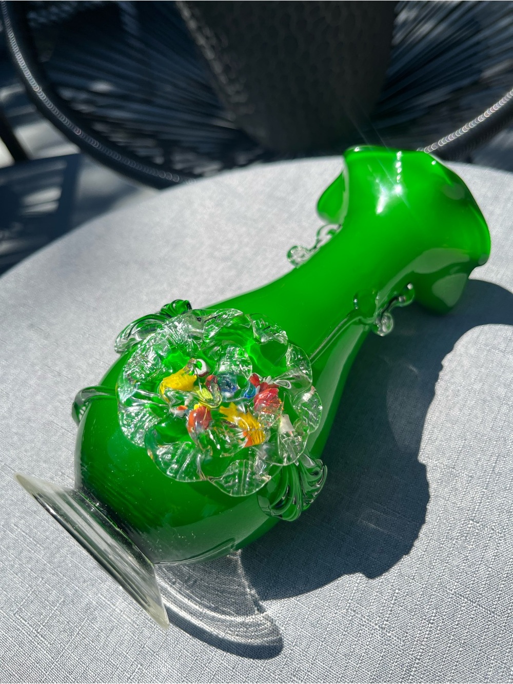 Vintage Murano Style (possibly authentic) Green Glass Vase Applied Flowers 8” - Picture 13 of 16